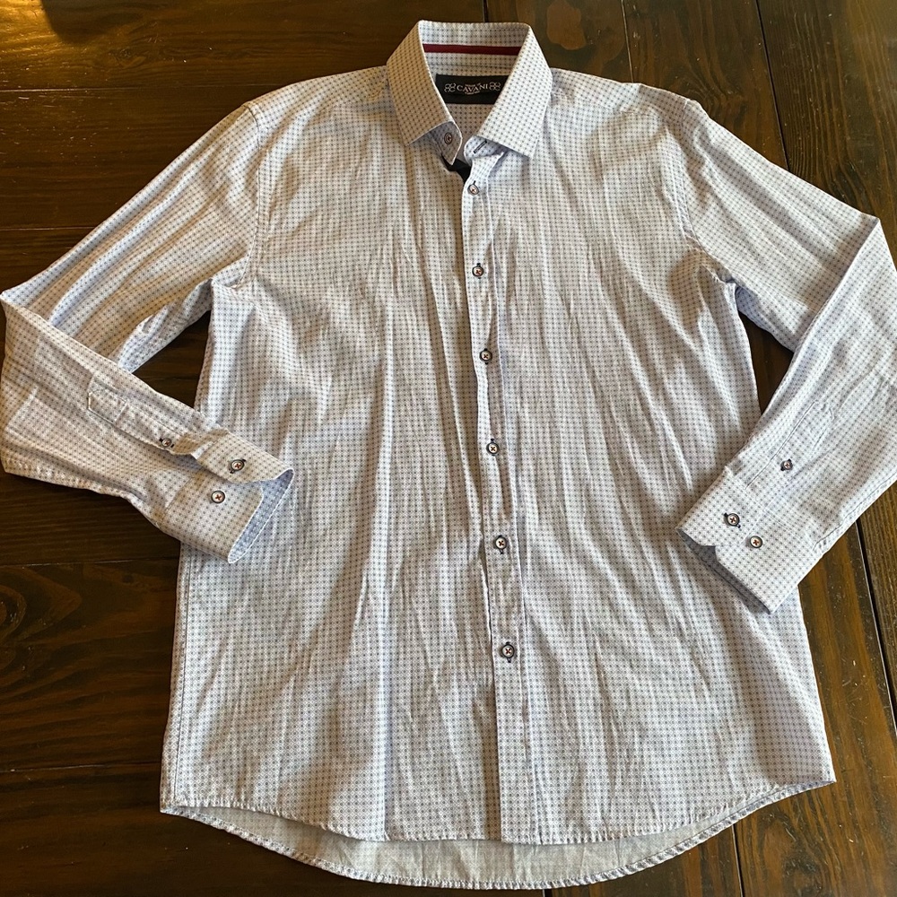 House Of Cavani Long Sleeve Dress Shirt Large 16.5 34/35 White Blue Dots